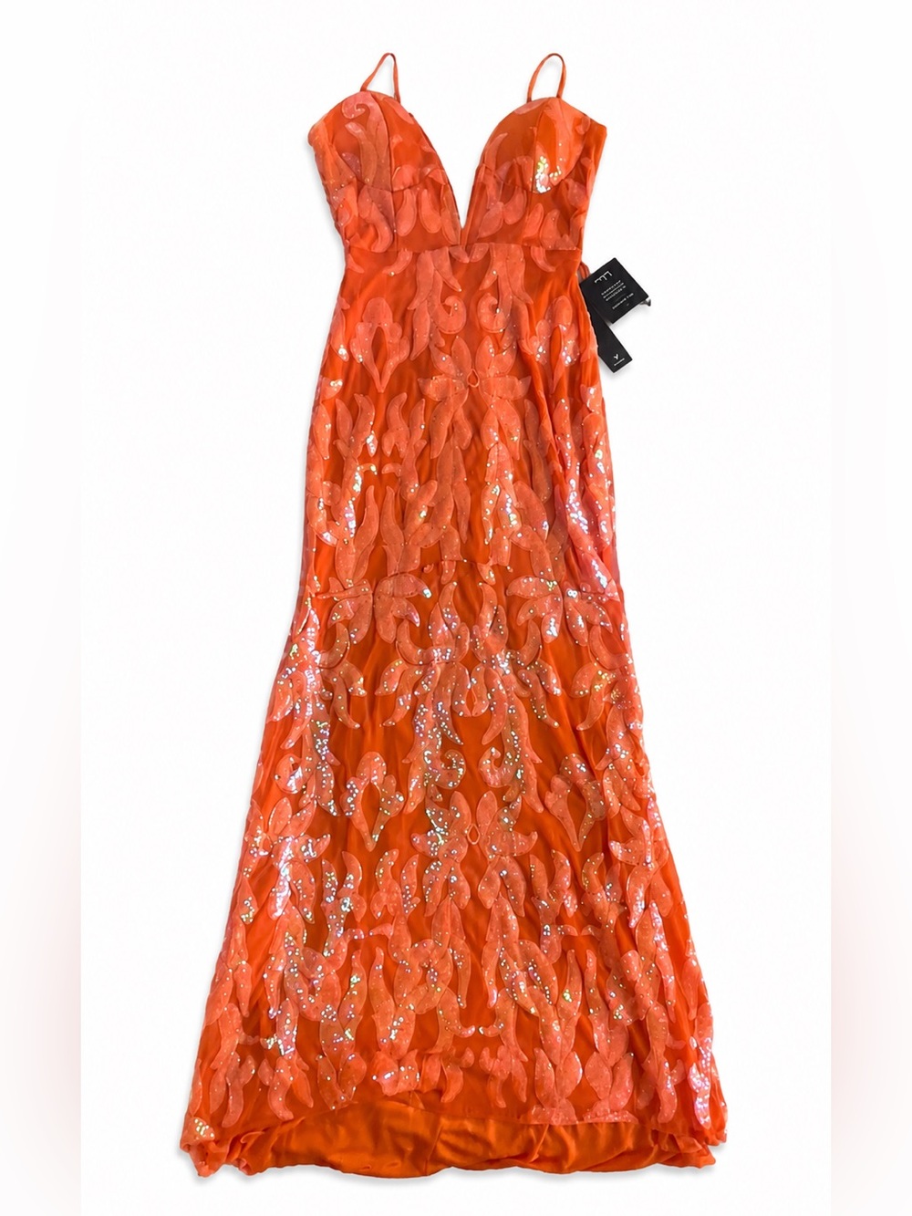 Lulu's Orange Iridescent Sequin Lace Up Maxi Dress Formal Prom Wedding Gown - Picture 6 of 8